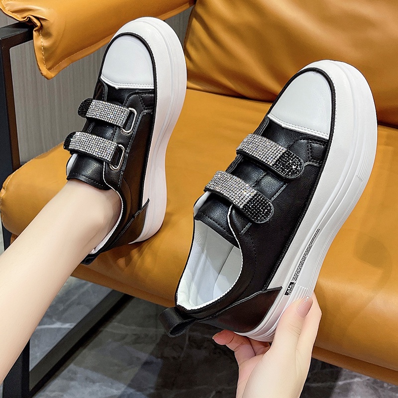 💘 Giày nữ thời trang với kim cương giả đáy dày 💘 Velcro giày nhỏ màu trắng giày thể thao thoáng khí