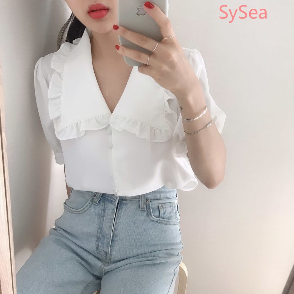 Áo Sơ Mi Voan Cổ Búp Bê Xinh Xắn Theo Phong Cách Mùa Hè Hàn Quốc Dành Cho Nữ