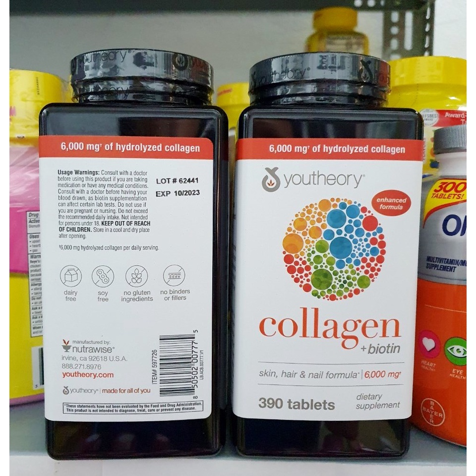 Chuẩn mỹ [date 12/2024] Viên uống đẹp da Collagen vitamin C chai 390 viên hãng Youtheory của Mỹ (mẫu mới)