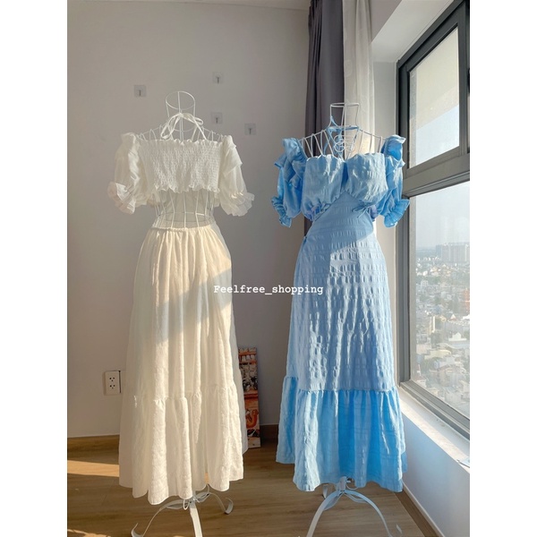 Đầm Xanh/Trắng Cổ Vuông Dáng Dài Hở Eo Lưng 2 Lớp Mặc Đi Tiệc, Đi Chơi, Kỷ Yếu (Hình Thật) | BigBuy360 - bigbuy360.vn