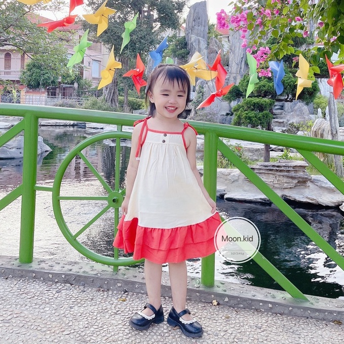 Váy bé gái - Đầm hai dây đuôi cá bánh bèo vải đũi mềm mát cho bé gái 1-5 Tuổi