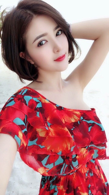 [Hình thật] Đầm Maxi bèo lệch vai hoa cam đi biển, đi chơi, đi tiệc cực đẹp | BigBuy360 - bigbuy360.vn