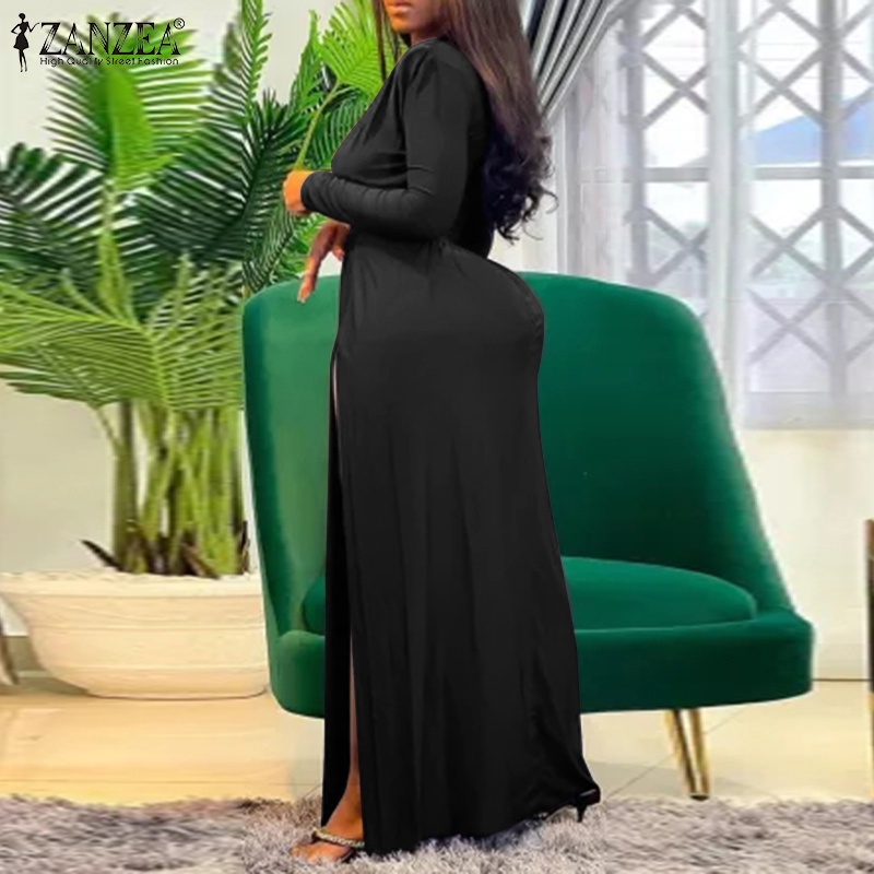 Đầm maxi ZANZEA cổ v tay dài xẻ tà ôm eo thời trang nữ