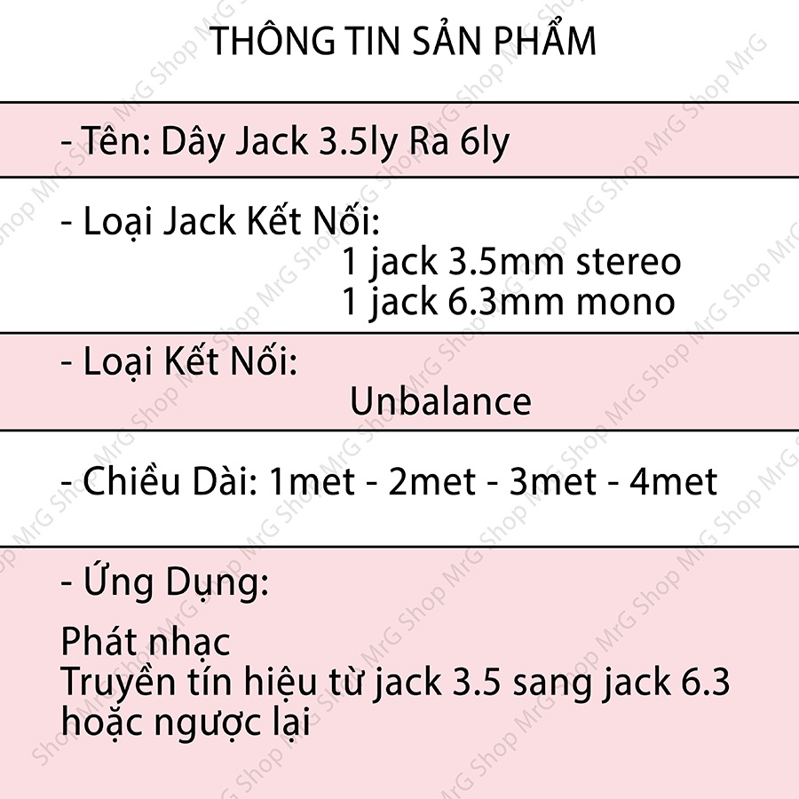 Cáp âm thanh jack 6.5mm mono sang 3.5mm stereo dài 5met 3met 2met 1met.