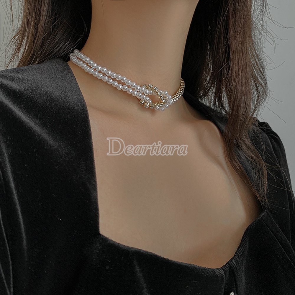 Vòng cổ kiểu ngắn đính ngọc trai và đá giả thời trang sang trọng