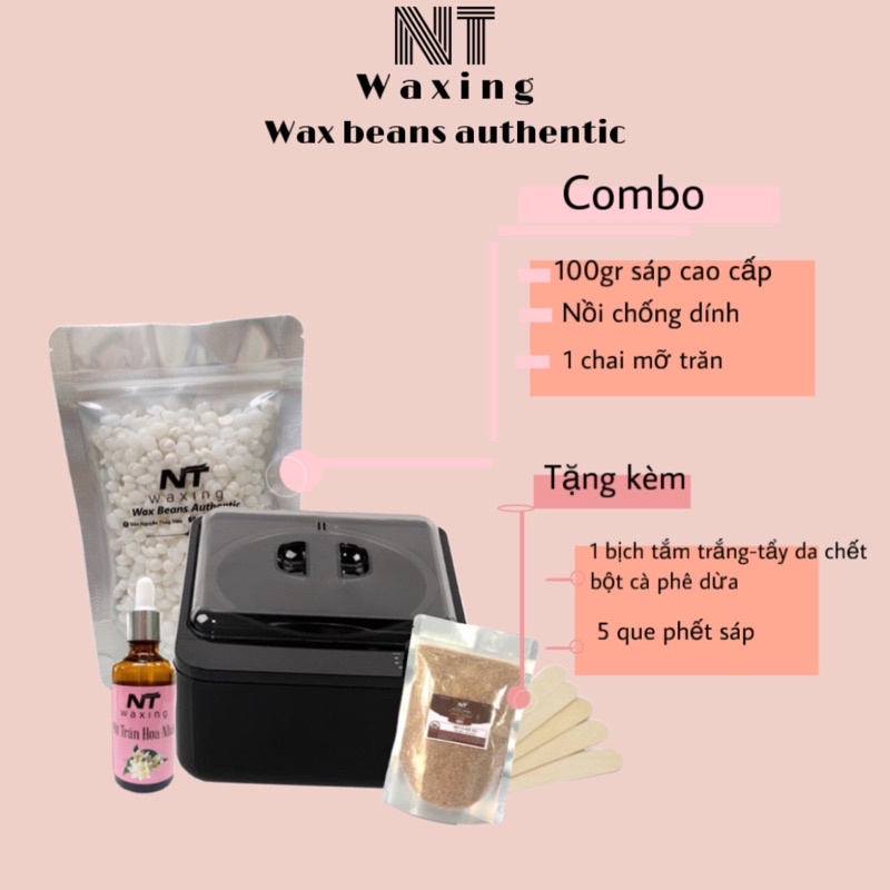 Combo 100g Sáp Wax Nóng Premier Nhập, Mỡ Trăn và Nồi Nấu Sáp Chống Dính Tặng Kèm Bột CF Dừa Và 5 Que