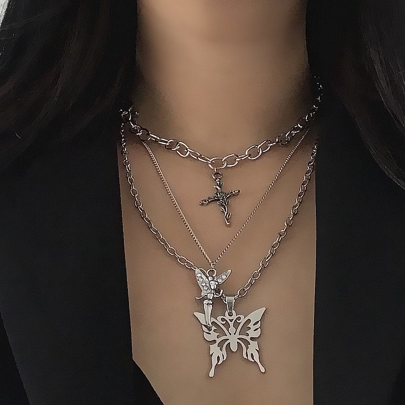 Set Dây Chuyền Nhiều Lớp Mặt Bướm/ Thanh Giá Và Cánh Thiên Thần Cá Tính