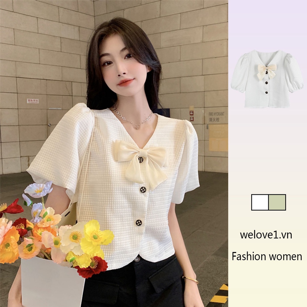 Áo Sơ Mi Tay Ngắn Phồng Dáng Rộng Cổ Chữ V Thắt Nơ Phong Cách Pháp Thời Trang Cho Nữ Hàng Loại 1