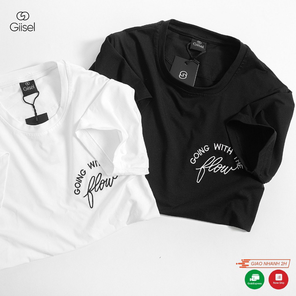 Áo phông thun unisex nam nữ  tay ngắn cổ tròn cotton co giãn 4 chiều màu trắng đen - logo thêu chữ Flow | BigBuy360 - bigbuy360.vn