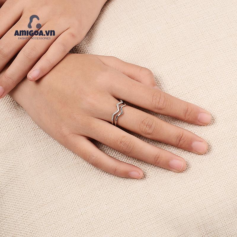 Nhẫn Hai Lớp Họa Tiết Gợn Sóng Đính Đá Zircon Thời Trang Bắt Mắt