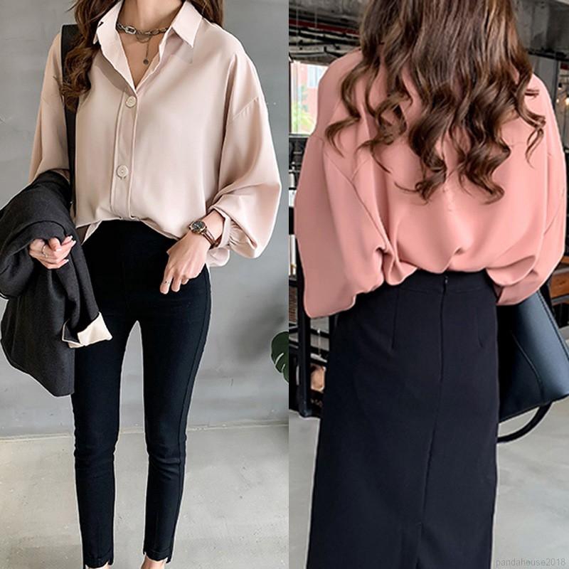 FREESHIP ĐƠN 99K_ Women Blouse Áo chiffon dáng rộng màu trơn tay dài phong cách Hàn Quốc