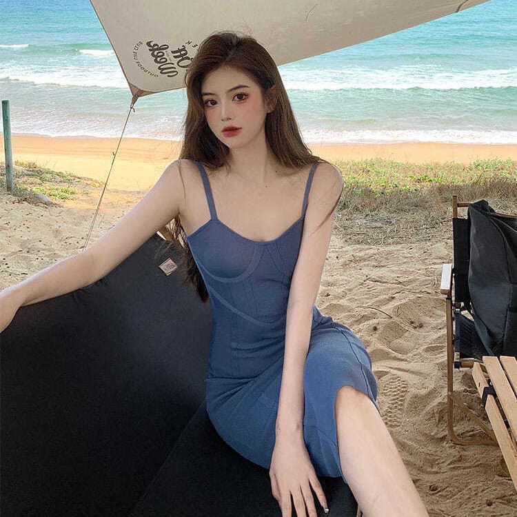 Đầm hai dây dệt kim dáng ôm thời trang mùa hè mới 2021 dành cho nữ