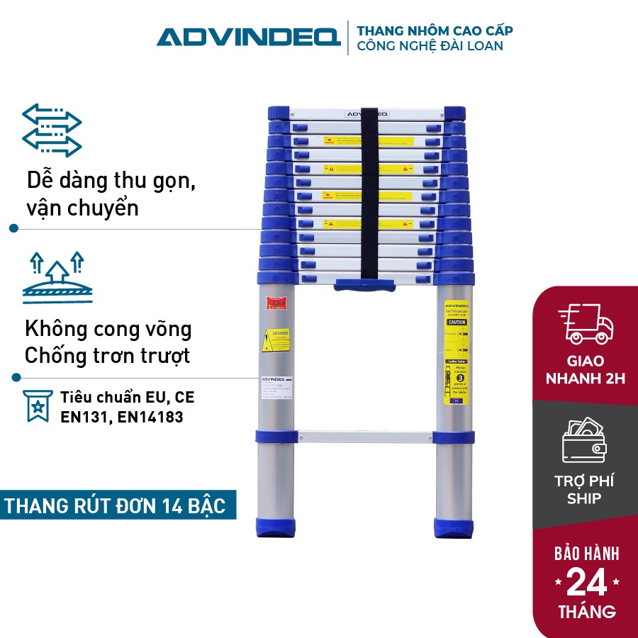 Thang nhôm rút đơn nhập khẩu 2.6M - 3.3M - 3,8M - 4,8M gấp gọn chính hãng ADVINDEQ, thang rút xếp gọn gia đình đa năng