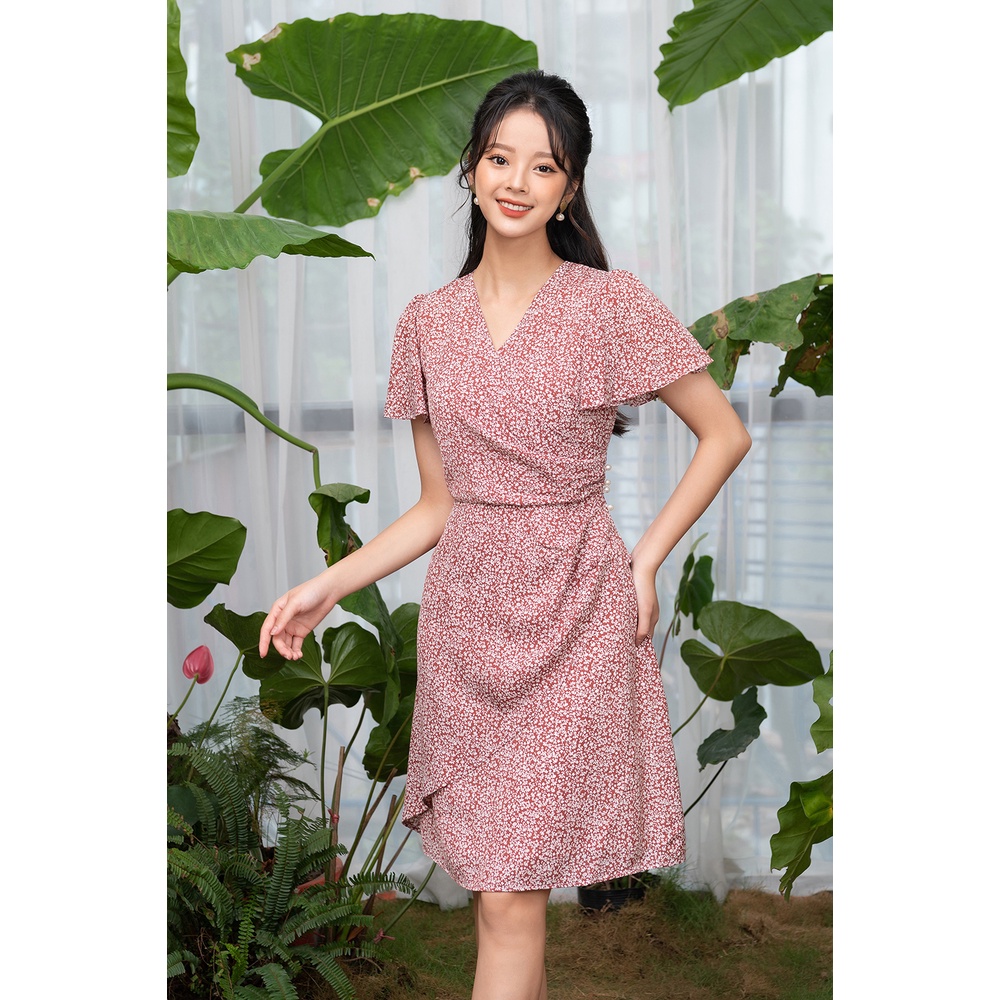 Váy Hoa Nhí Vintage LUPERI Cổ Chữ V, Cách Điệu Eo, Chất Liệu Lụa Hàn Cao Cấp LFV3269