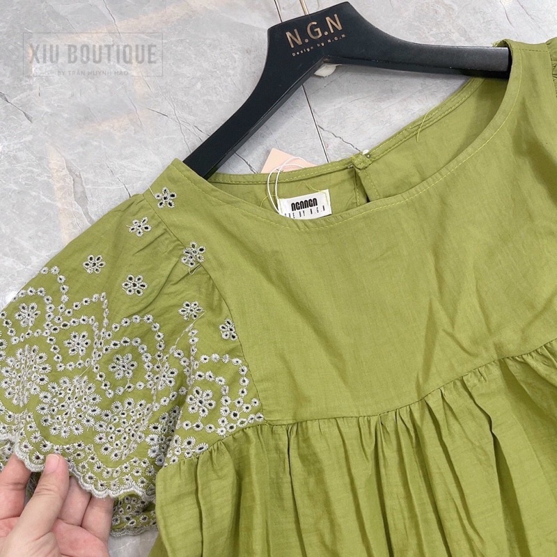 Set đồ bộ phối ren tay ngắn cổ tròn màu xanh cốm hàng cao cấp