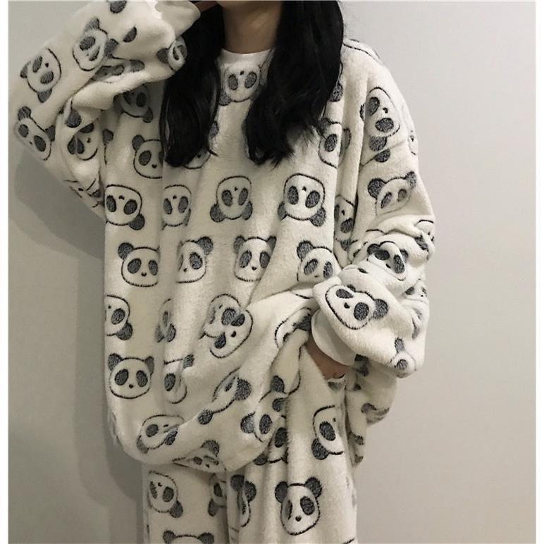 ins  Women Dress Koreanfashion Homewear  Coral  Velvet  Long Sleeve Panda Style  Sleepwear Pajamas Goodquality
