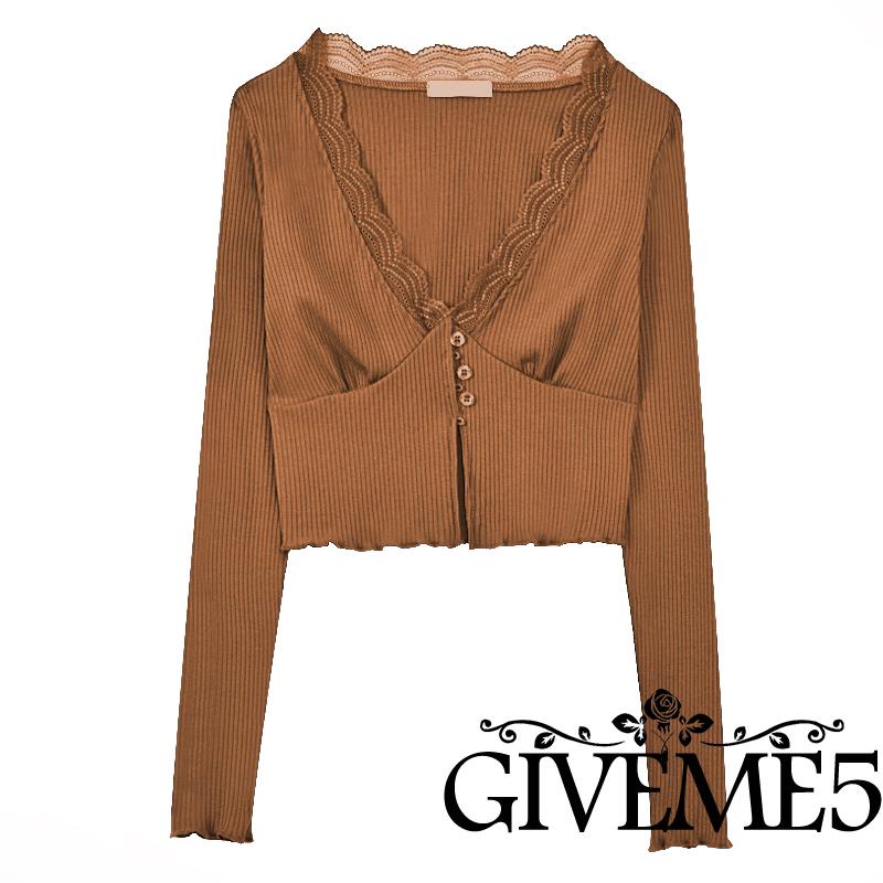 Áo Crop Top Tay Dài Cổ Chữ V Phối Ren Thời Trang Cho Nữ