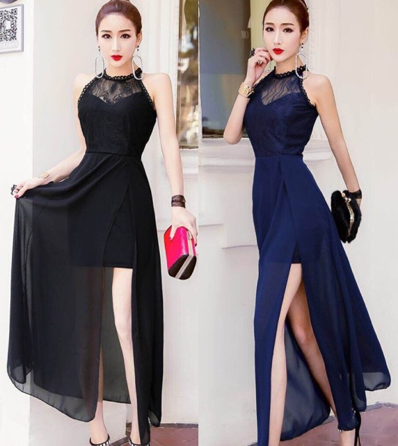 Đầm dự tiệc cổ yếm tôn dáng phối ren cao cấp sang trọng