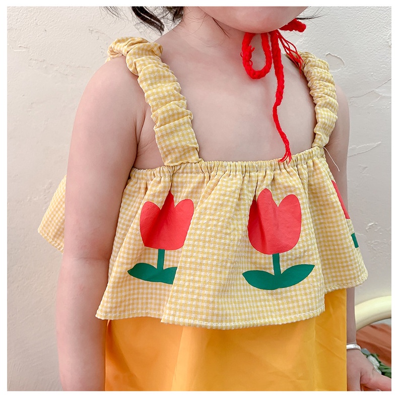 Trang Phục Chị Em Gái Hoa tulip Hàn Quốc Mới Với Hoa tulip Viền Sọc Caro Cho Mùa Hè