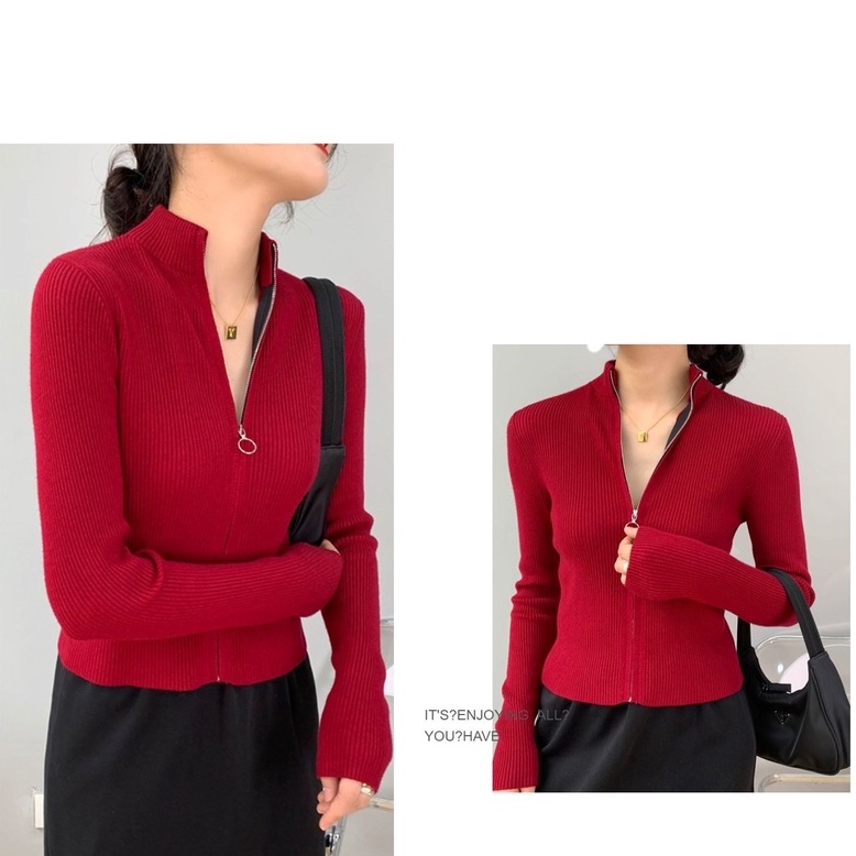 Áo khoác cardigan ZHELIHANGFEI tay dài cổ cao ôm dáng phối khóa kéo thời trang dành cho nữ