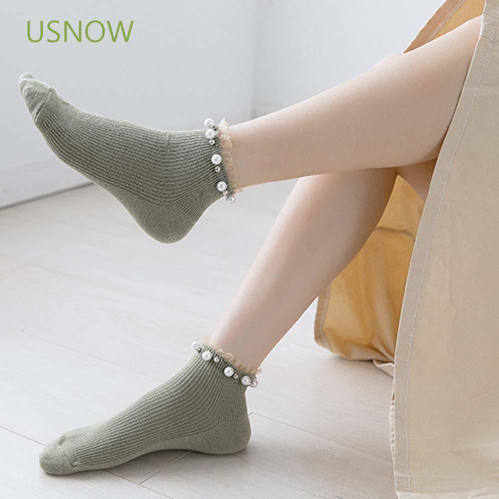 Vớ cotton phối ren đính ngọc trai dễ thương xinh xắn cho nữ