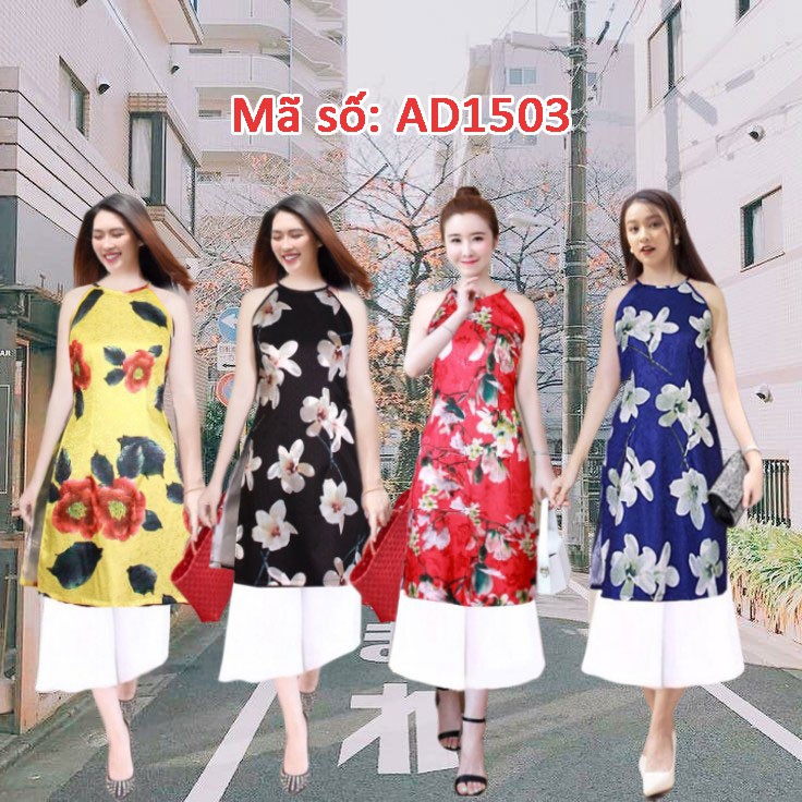 AD1503 Set Áo Dài Cách Tân cổ yếm họa tiết hoa