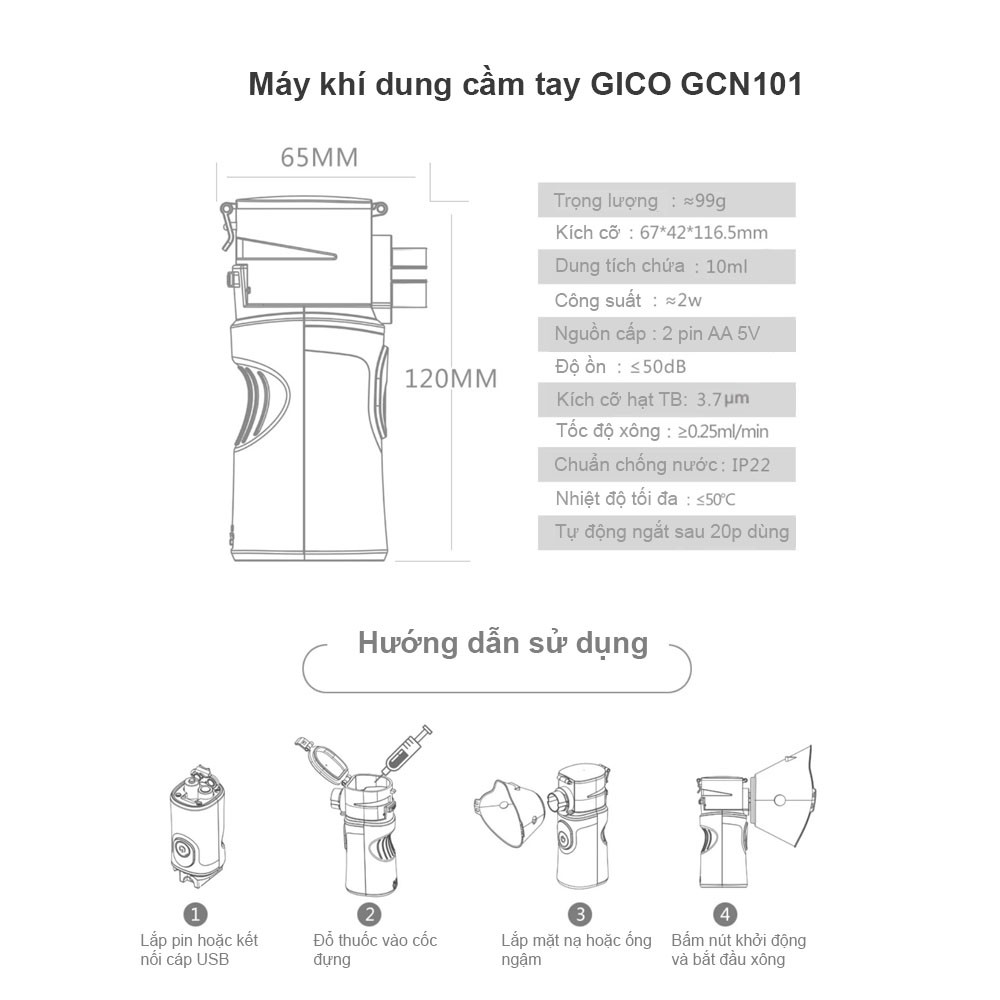 Máy khí dung cầm tay, máy xông mũi  GICO GCN101 – Trị viêm phổi, viêm phế quản, viêm xoang