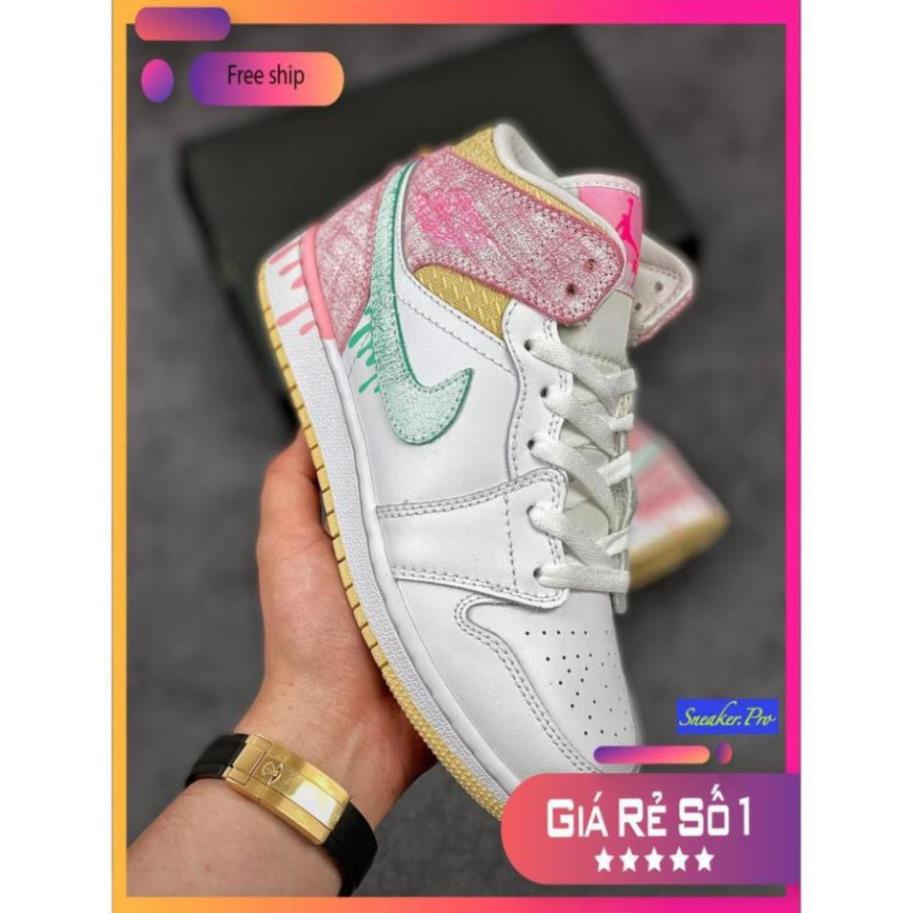 Giày thể thao Air Jordan 1 Mid Paint Drip (GS) vẩy sơn hồng cổ cao siêu xinh, bao ngầu dành cho nữ (FULL BOX + SALE) ..