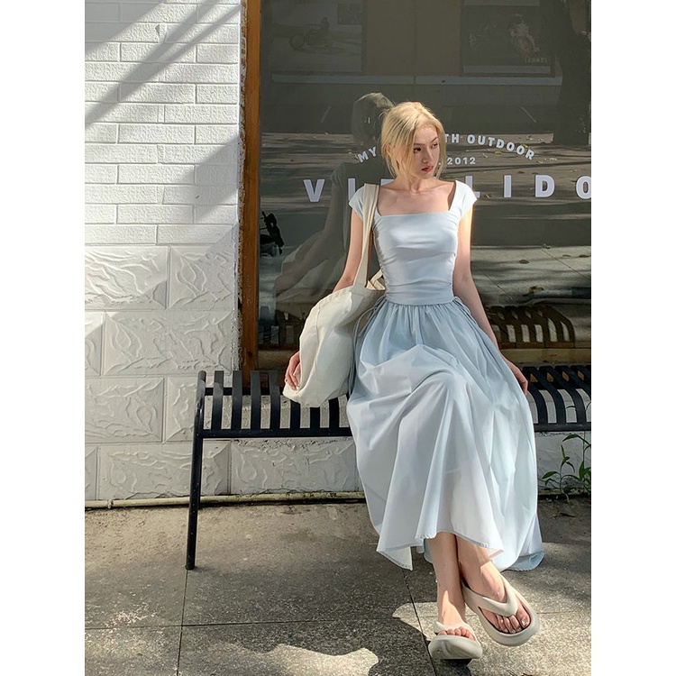 Đầm Dài Dệt Kim Cổ Vuông Eo Cao Thời Trang Mùa Hè 2022 Mới