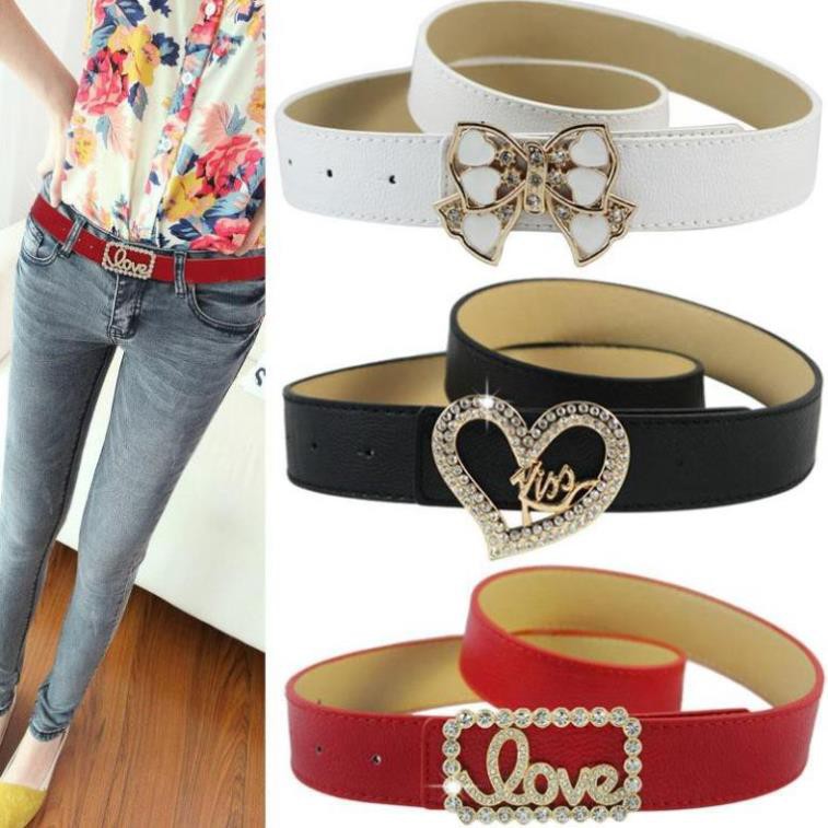 Thắt lưng thời trang 💓FREESHIP💓 Dây nịt cho nữ mặt đính đá chữ Love, da cao cấp mềm mại, nhiều hình dễ thương 7695