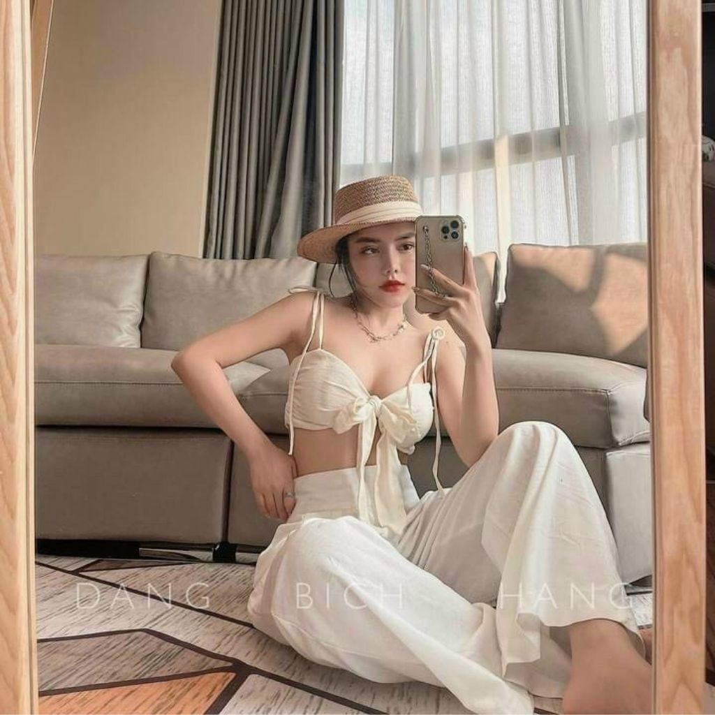 Sét Áo 2s Cúp Ngực Thắt Nơ Trước GenY Kèm Quần Suông Ống Rộng Cạp Cao Siêu Sang Xinh Xịn Mịn | BigBuy360 - bigbuy360.vn