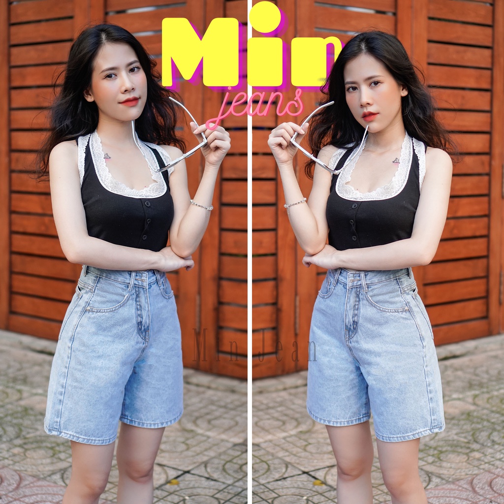 Quần Lửng Nữ Lai Cuốn Jean Lưng Cao Trơn MinJean A060 Siêu Kute, Quần Ngố Jean Nữ Không Co Giãn Tôn Dáng