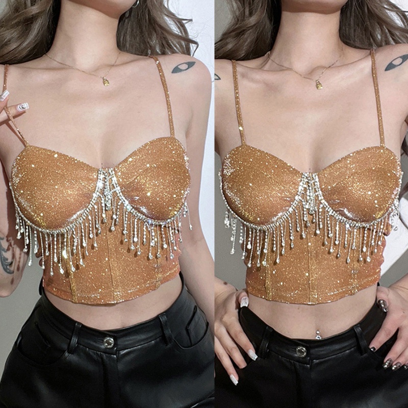 Áo Croptop Hai Dây Thiết Kế Tua Rua Đính Đá Lấp Lánh Thời Trang Quyến Rũ Cho Nữ