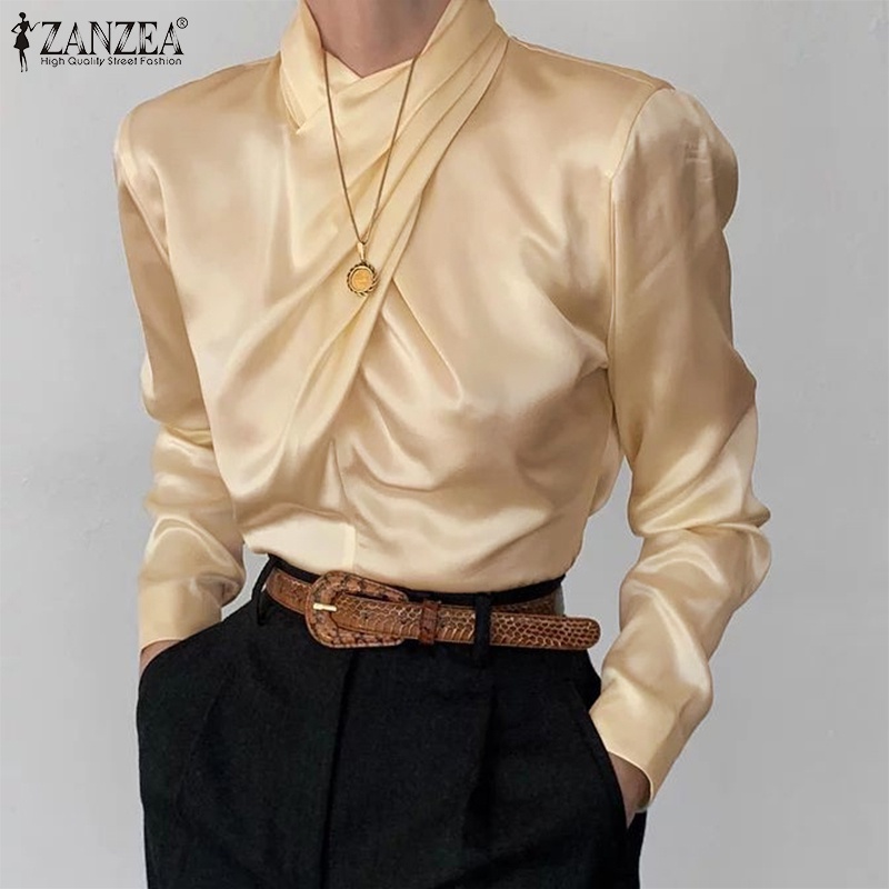 Áo kiểu nữ ZANZEA dài tay cổ đứng thắt nút đơn giản thời trang châu Âu