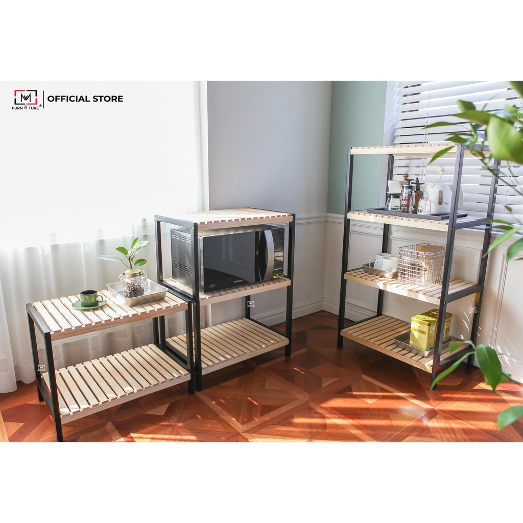 Kệ để lò vi sóng 4 tầng lắp ráp màu đen phối gỗ thương hiệu MW FURNITURE - Nội thất căn hộ