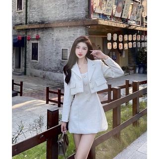 Set váy hai dây + áo khoác croptop dạ tweed sang chảnh