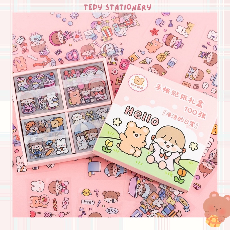 Set 10 miếng Sticker cute trang trí sổ Cô gái và gấu, sticker dễ thương [TEDY05]