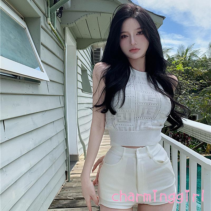 Áo Dệt Kim Sát Nách Cổ Tròn Màu Trơn Thời Trang Cho Nữ