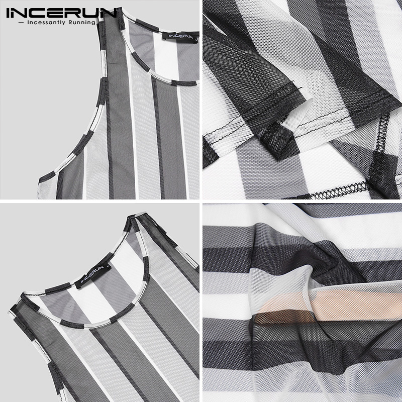Áo không tay INCERUN in họa tiết kẻ sọc xuyên thấu thời trang quyến rũ cho nam