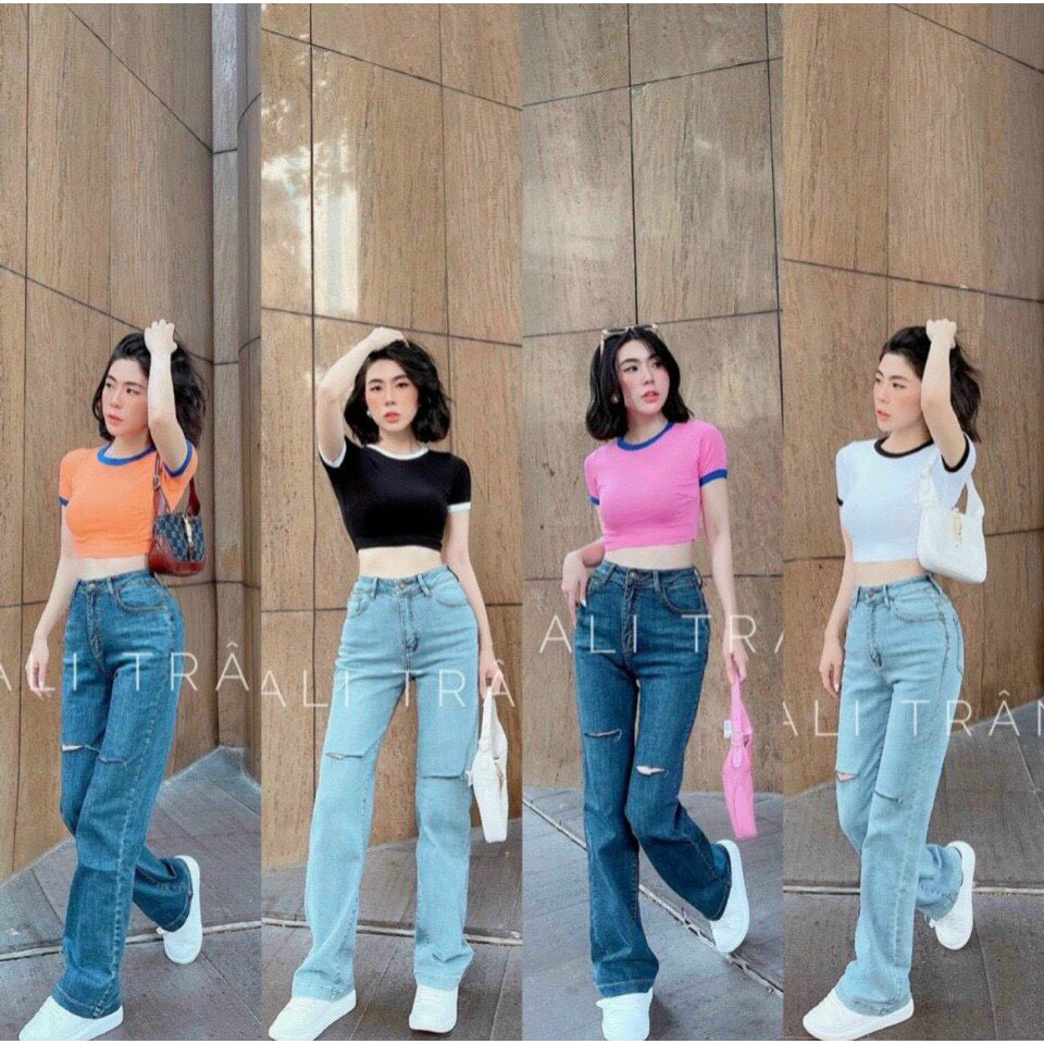 Áo kiểu croptop cổ tròn trơn viền tay cổ màu xinh , chất thun bozip mềm mịn mát