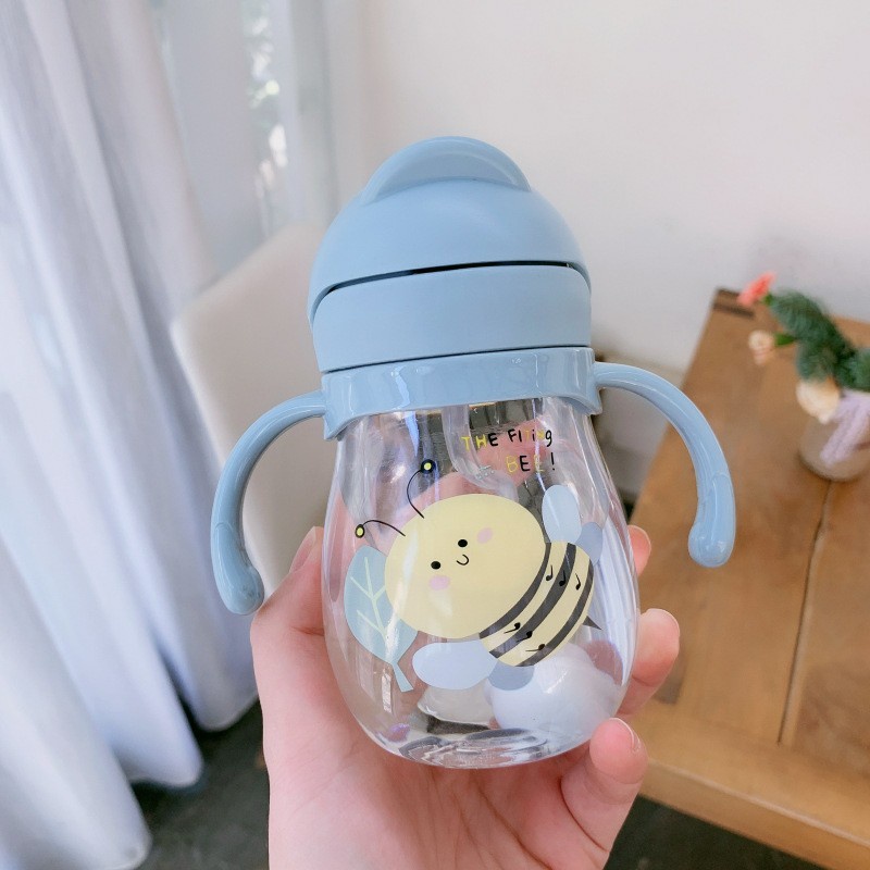 Bình nước 300ml có ống hút và tay cầm họa tiết hoạt hình cho trẻ em