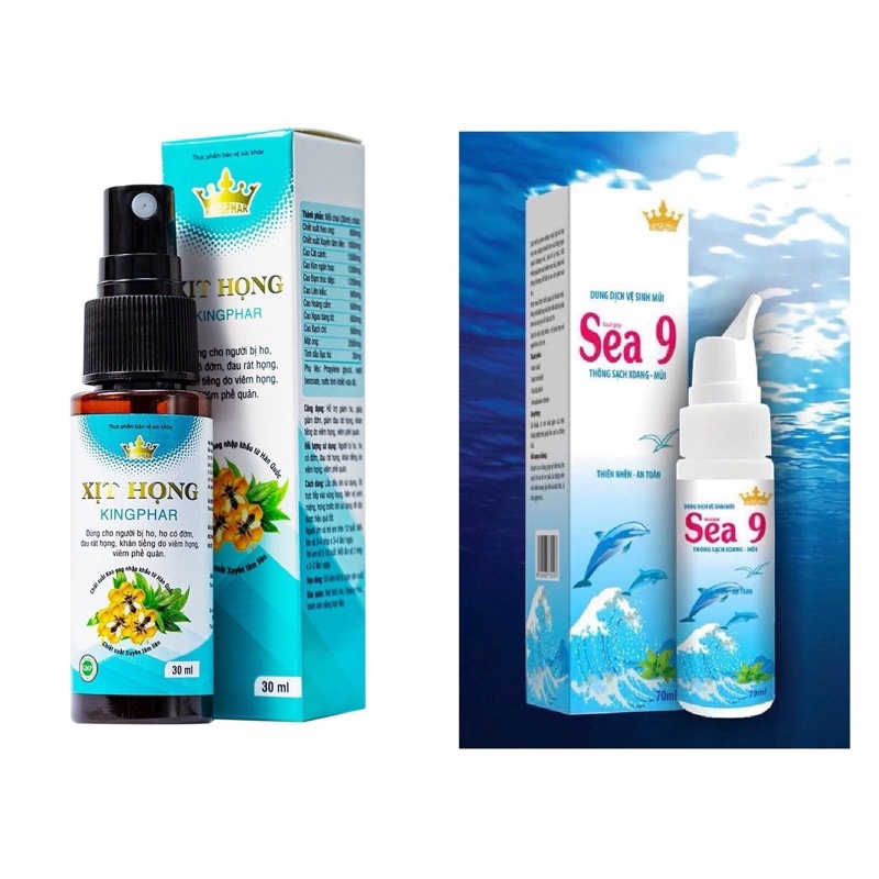 Combo 1 chai Xịt Mũi SEA9 (70ml) + 1 chai Xịt Họng Kingphar (30 ml) :giảm ho, đau rát họng, khan tiếng