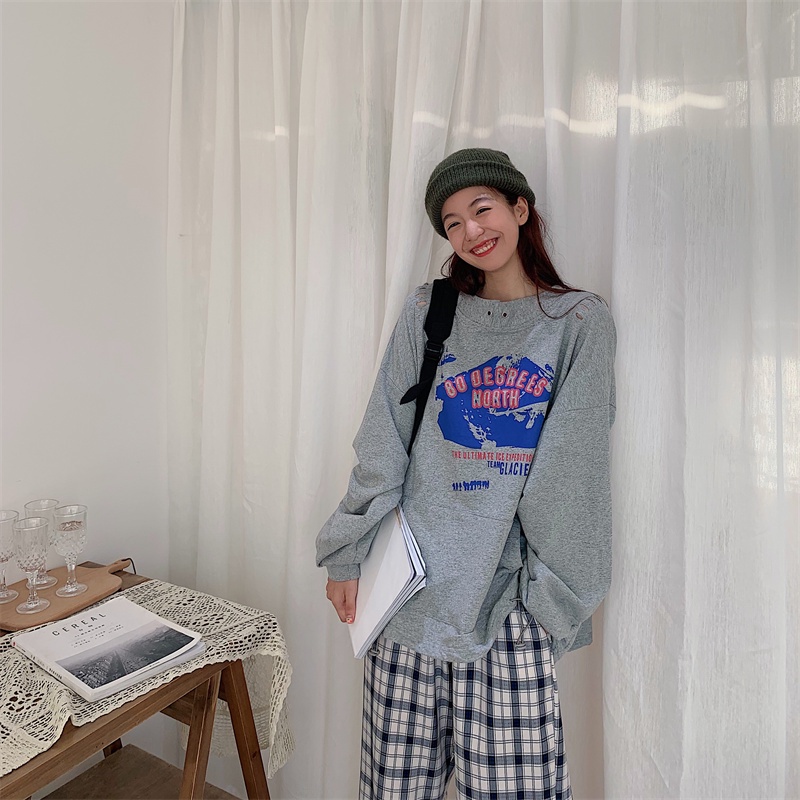 【ZHELIHANGFEI】Áo Thun Nỉ Tay Dài Dáng Rộng Rách Cá Tính Trẻ Trung Hợp Thời Trang