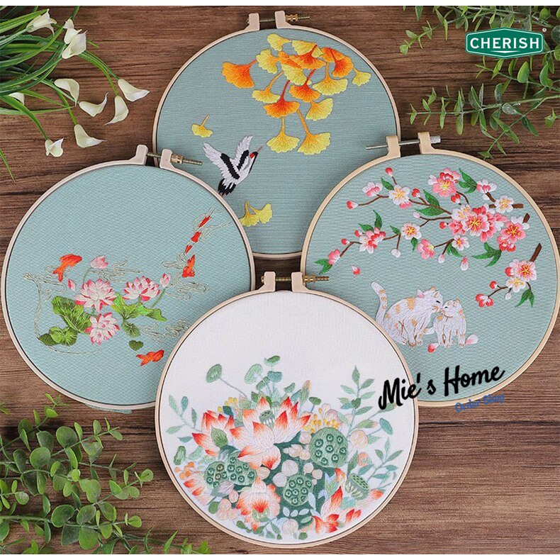 (có sẵn) DIY Bộ Kit thêu tay Tranh hoa cỏ, Kit tập thêu Hoa Cherish mẫu Hoa Xuân Hạ MIE SHOP HANDMADE