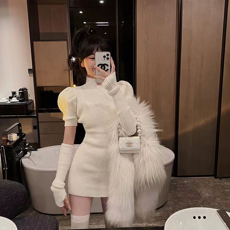 Đầm Dệt Kim Tay Phồng Màu Trắng Thời Trang Mùa Đông Cho Nữ