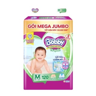 Tã bỉm Bobby Mega Jumbo size M 120 miếng siêu mỏng mềm thấm hút tốt khô thoáng 3mm