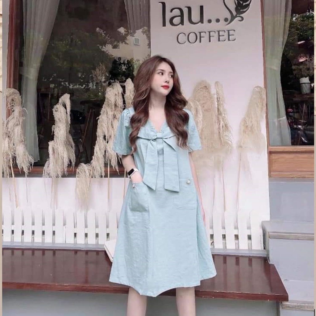 Đầm bầu cổ tim nơ ngực thời trang công sở M161 Mom and Baby