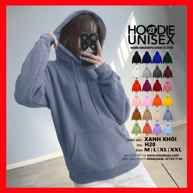 Áo hoodie unisex 2T Store H20 Xanh Khói - Áo khoác nỉ bông chui đầu nữ nón 2 lớp dày dặn chất lượng | BigBuy360 - bigbuy360.vn