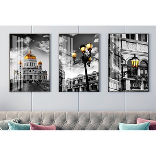 Tranh bộ 3 Trang trí quán cà phê Đền Taj Mahal chất liệu bóng kiếng hoặc kim sa Tipo_0397