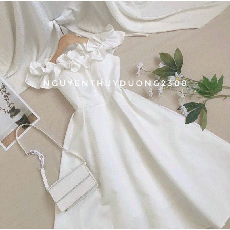 [Ảnh thật/Sẵn]Váy bèo trễ vai trắng có đệm ngực tiểu thư/Đầm dự tiệc trắng xinh xắn